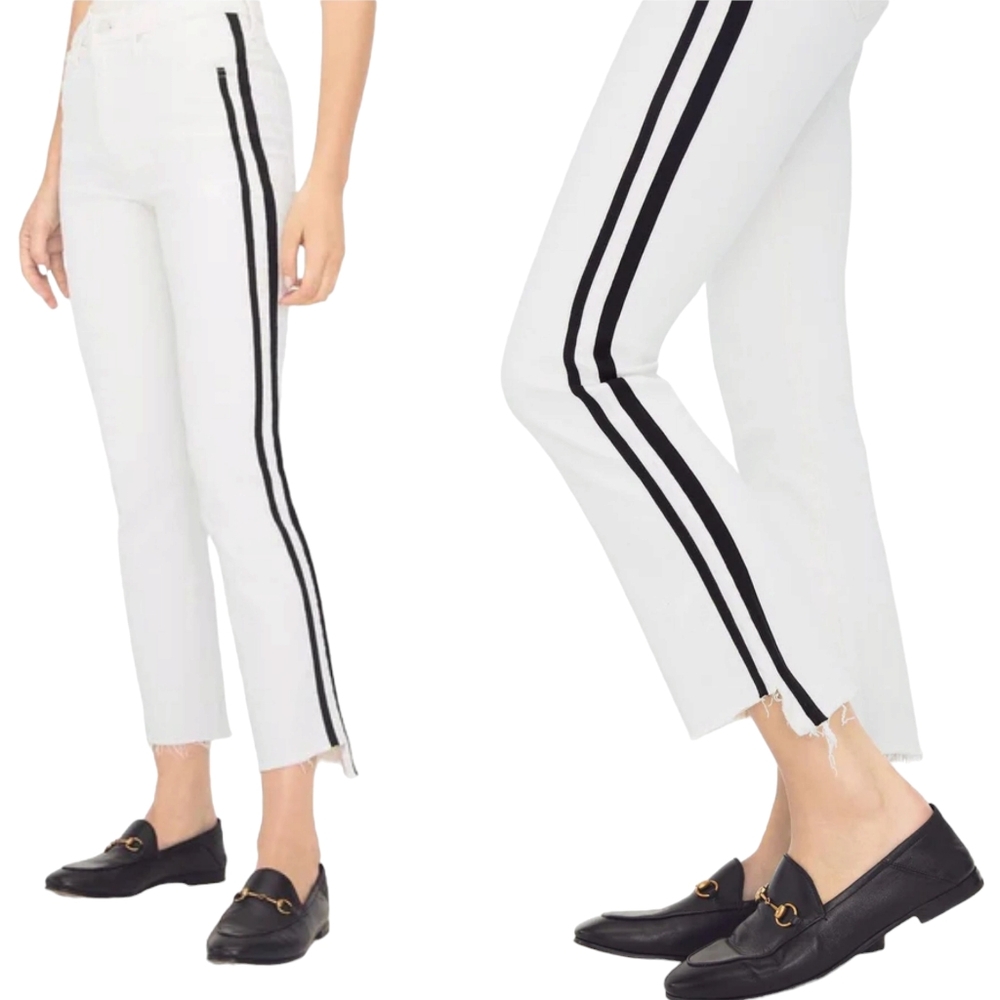 Mother Jeans The Insider Crop Step Fray in White with Black Stripes